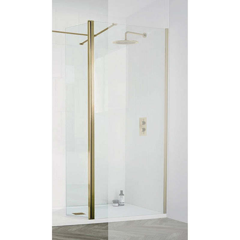Aquadart Wetroom 8 Brushed Brass Walk-In Shower Clear Glass Panel - 1400mm