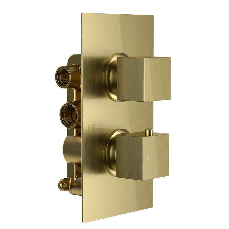 Bedgebury Square Double Outlet - Two Controls - Concealed Thermostatic Valve - Brushed Brass