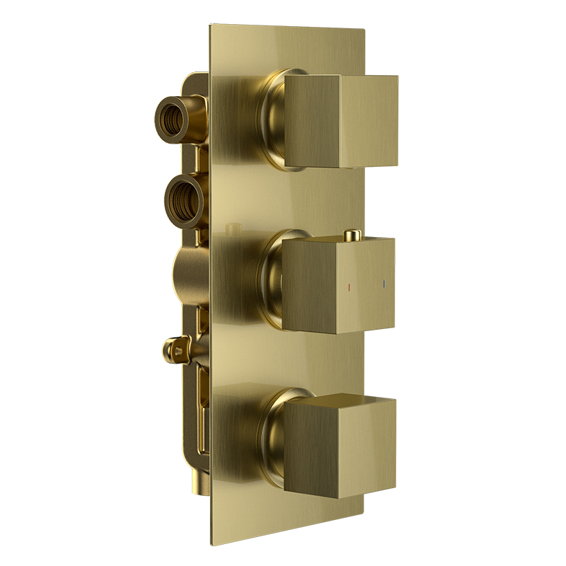 Bedgebury Square Triple Outlet - Three Controls - Concealed Thermostatic Valve - Brushed Brass