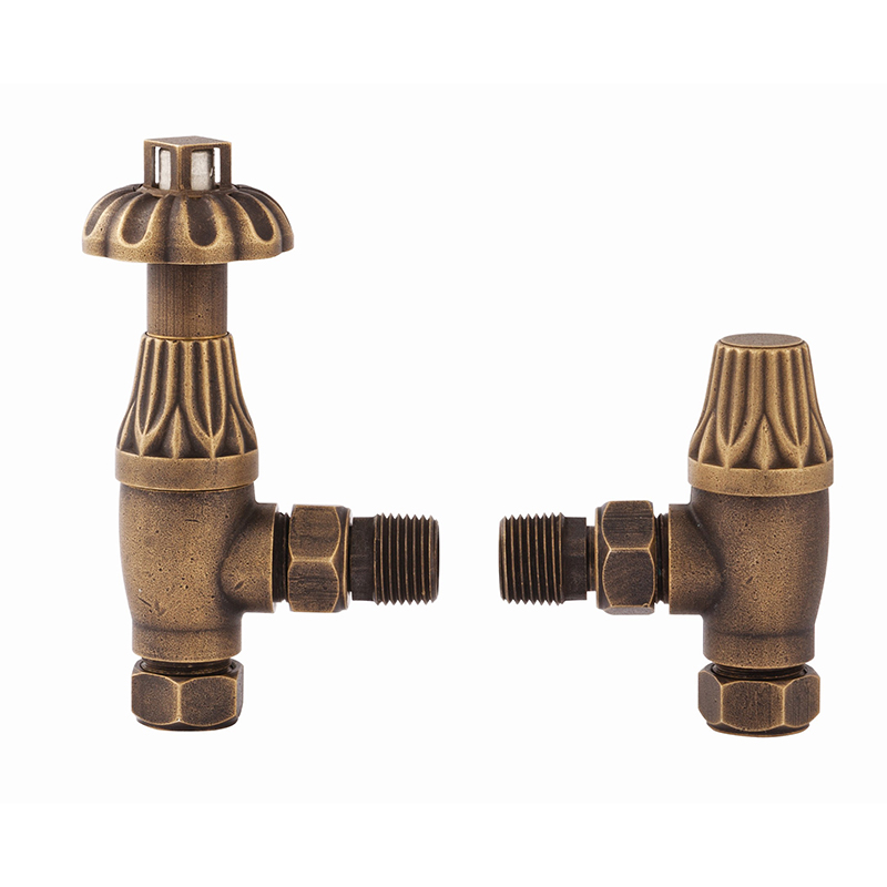 Traditional Thermostatic Radiator Valve Pack with LockShield Angled - Antique Brass