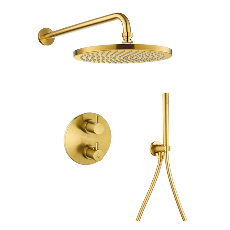 Levo Thermostatic 2-Outlet Round Shower Valve with Fixed Head & Handshower Kit - Brushed Gold