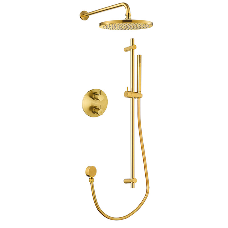 Levo Thermostatic 2-Outlet Round Shower Valve with Fixed Head & Slide Rail Kit - Brushed Gold