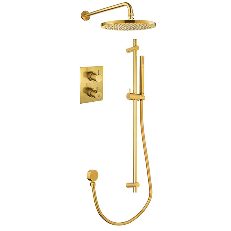 Levo Thermostatic 2-Outlet Square Shower Valve with Fixed Head & Slide Rail Kit - Brushed Gold