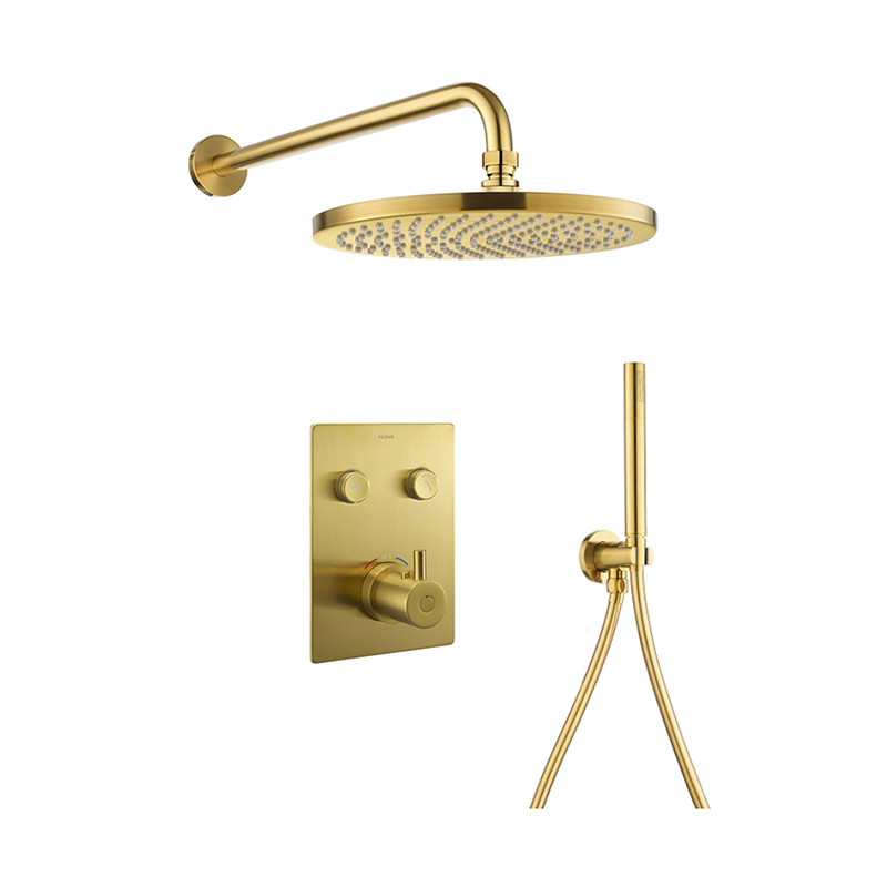 Levo Thermostatic 2-Outlet Square Shower Pack with Rainshower & Handshower Kit - Brushed Gold