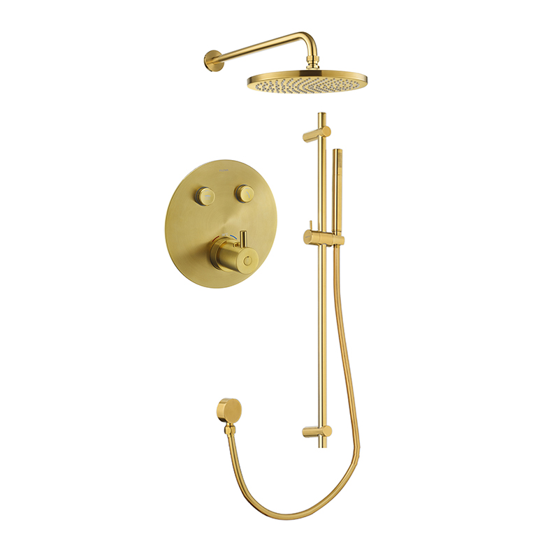 Levo Thermostatic 2-Outlet Round Shower Pack with Rainshower & Slide Rail Kit - Brushed Gold