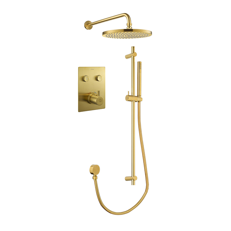 Levo Thermostatic 2-Outlet Square Shower Pack with Rainshower & Slide Rail Kit - Brushed Gold