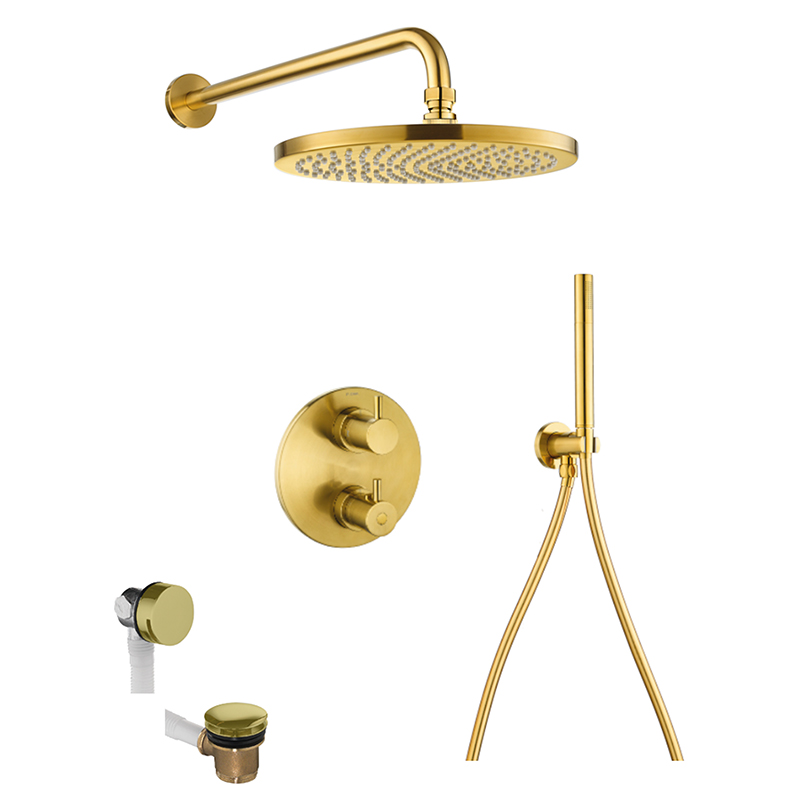 Levo Thermostatic 3-Outlet Round Shower Valve with Fixed Head, Handshower & Bath Overflow Filler - Brushed Gold