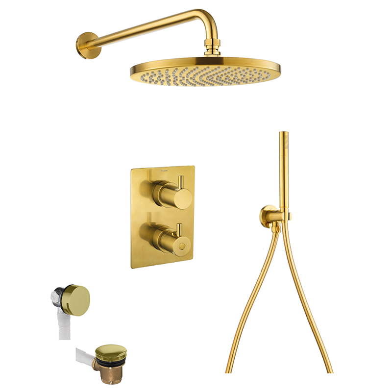 Levo Thermostatic 3-Outlet Square Shower Valve with Fixed Head, Handshower & Bath Overflow Filler - Brushed Gold