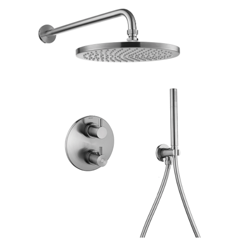 Levo Thermostatic 2-Outlet Round Shower Valve with Fixed Head & Handshower Kit - Brushed Nickel