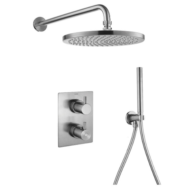 Levo Thermostatic 2-Outlet Square Shower Valve with Fixed Head & Handshower Kit - Brushed Nickel