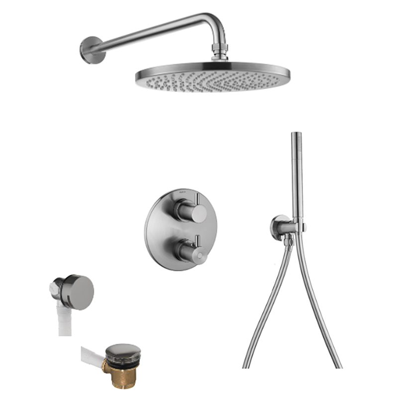 Levo Thermostatic 3-Outlet Round Shower Valve with Fixed Head, Handshower & Bath Overflow Filler - Brushed Nickel