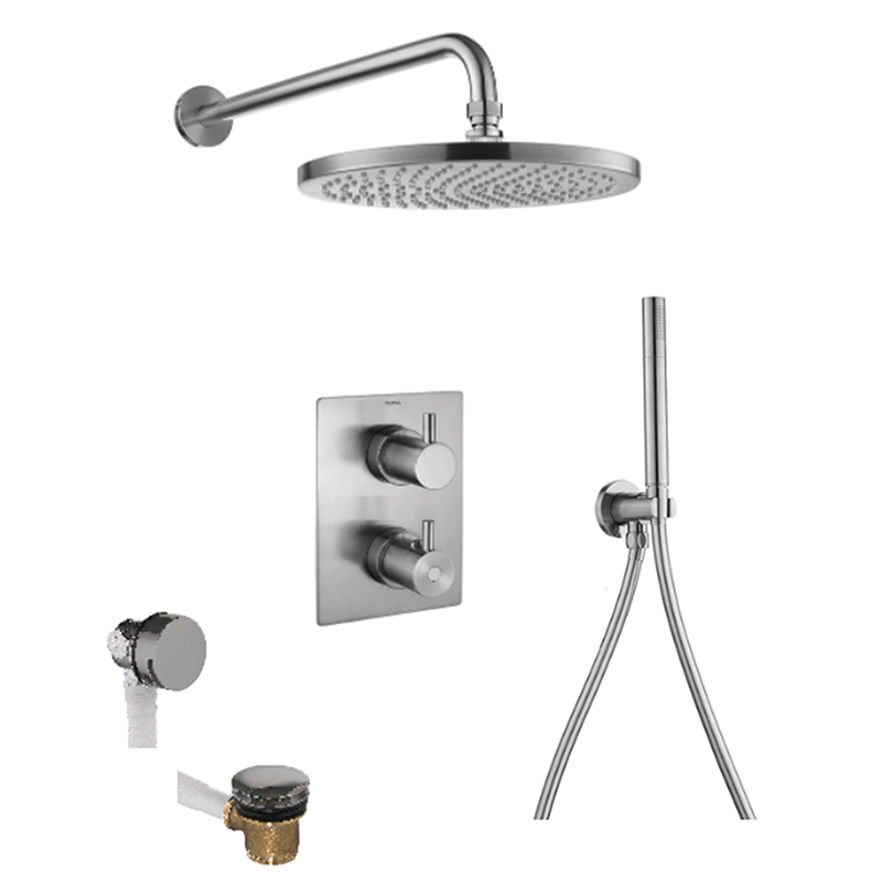 Levo Thermostatic 3-Outlet Square Shower Valve with Fixed Head, Handshower & Bath Overflow Filler - Brushed Nickel