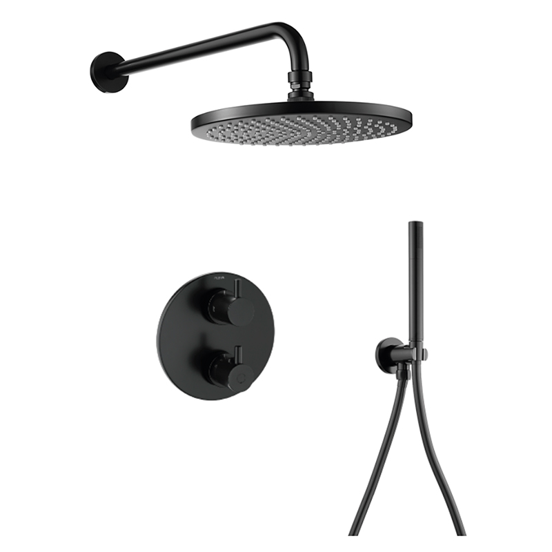 Levo Thermostatic 2-Outlet Round Shower Valve with Fixed Head & Handshower Kit - Matt Black