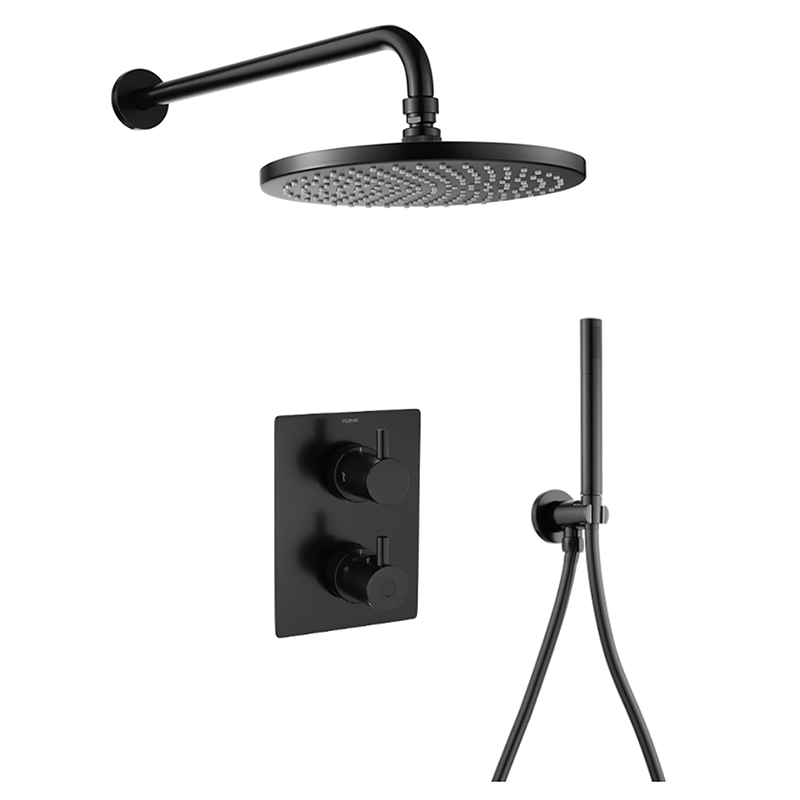 Levo Thermostatic 2-Outlet Square Shower Valve with Fixed Head & Handshower Kit - Matt Black