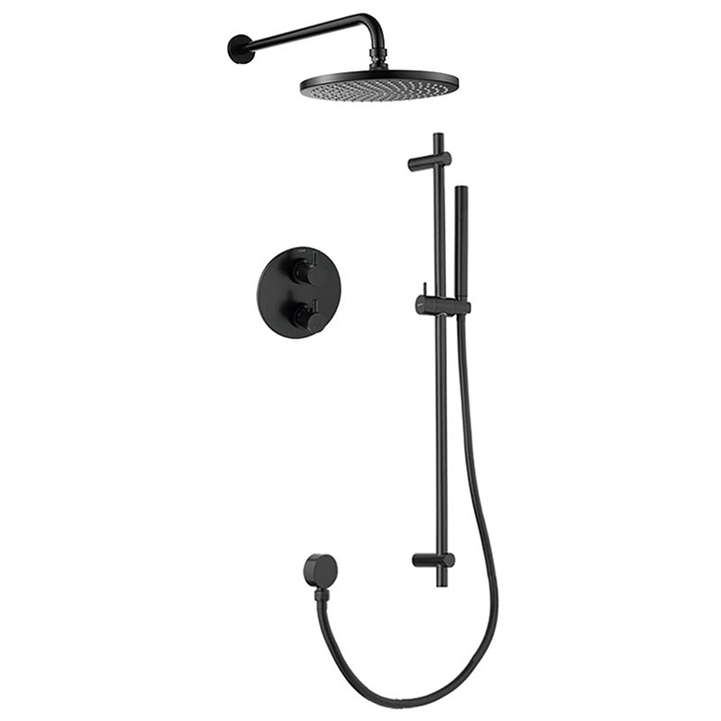 Levo Thermostatic 2-Outlet Round Shower Valve with Fixed Head & Slide Rail Kit - Matt Black