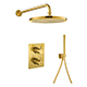 Levo Thermostatic 2-Outlet Square Shower Valve with Fixed Head & Handshower Kit - Brushed Gold
