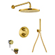 Levo Thermostatic 3-Outlet Round Shower Valve with Fixed Head, Handshower & Bath Overflow Filler - Brushed Gold
