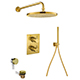 Levo Thermostatic 3-Outlet Square Shower Valve with Fixed Head, Handshower & Bath Overflow Filler - Brushed Gold