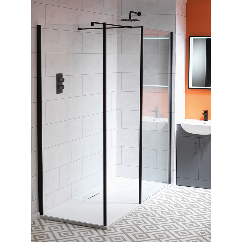 Classic Nouveau Matt Black Showerwall - 900mm